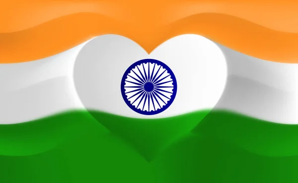 India met liefde. Indiase nationale vlag met hartvormige golven. Achtergrond in kleuren van de Indische vlag. Hart vorm, vector illustratie — Stockvector