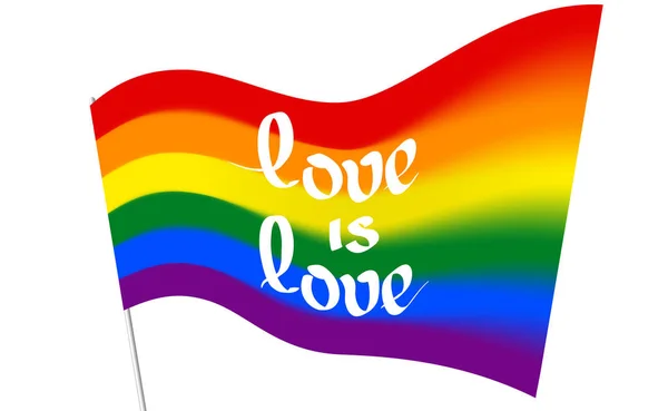 Bandera borrosa del arco iris - El orgullo LGBT y LGBTQ con el texto amor es amor. Gay lesbiana transgénero arco iris borrosa onda fondo. Bandera gay multicolor para desfile, vector — Archivo Imágenes Vectoriales