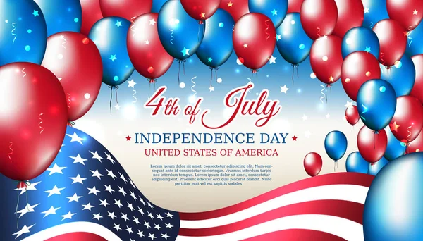 バナー4月の米国独立記念日、アメリカの旗を持つベクトルテンプレート、青輝く星空の背景に色付きの風船。7月4日、アメリカ国民の祝日 — ストックベクタ