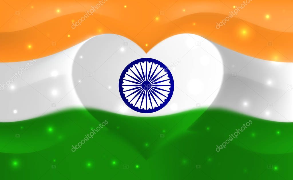India with love. Indian national flag with heart shaped waves. Background in colors of the indian flag. Heart shape, vector illustration