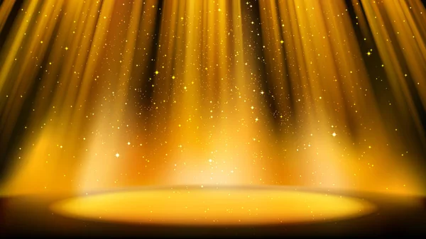 Cena dourada vazia com um fundo escuro, lugar iluminado por holofotes dourados brilhantes, partículas brilhantes brilhantes. Fundo âmbar colorido para design cativante — Vetor de Stock