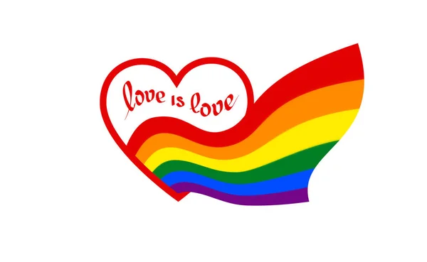 From heart with text love is love comes a rainbow flag - symbol of pride lgbt and lgbtq. Rainbow sign gay, lesbian, transgender in shape of heart and flag. Coming out LGBT icon, vector — Stok Vektör