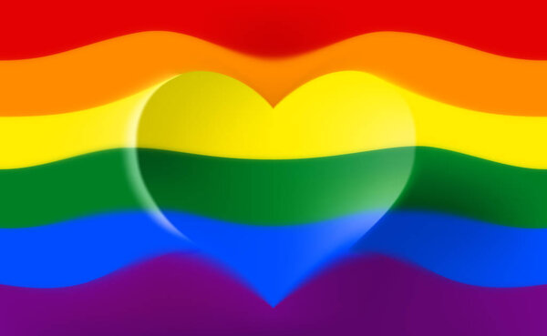 The rainbow flag is a symbol of pride lgbt and lgbtq with a heart shape and the text love is love. Gay lesbian transgender rainbow blurred wave background. Multicolor gay flag for parade, vector