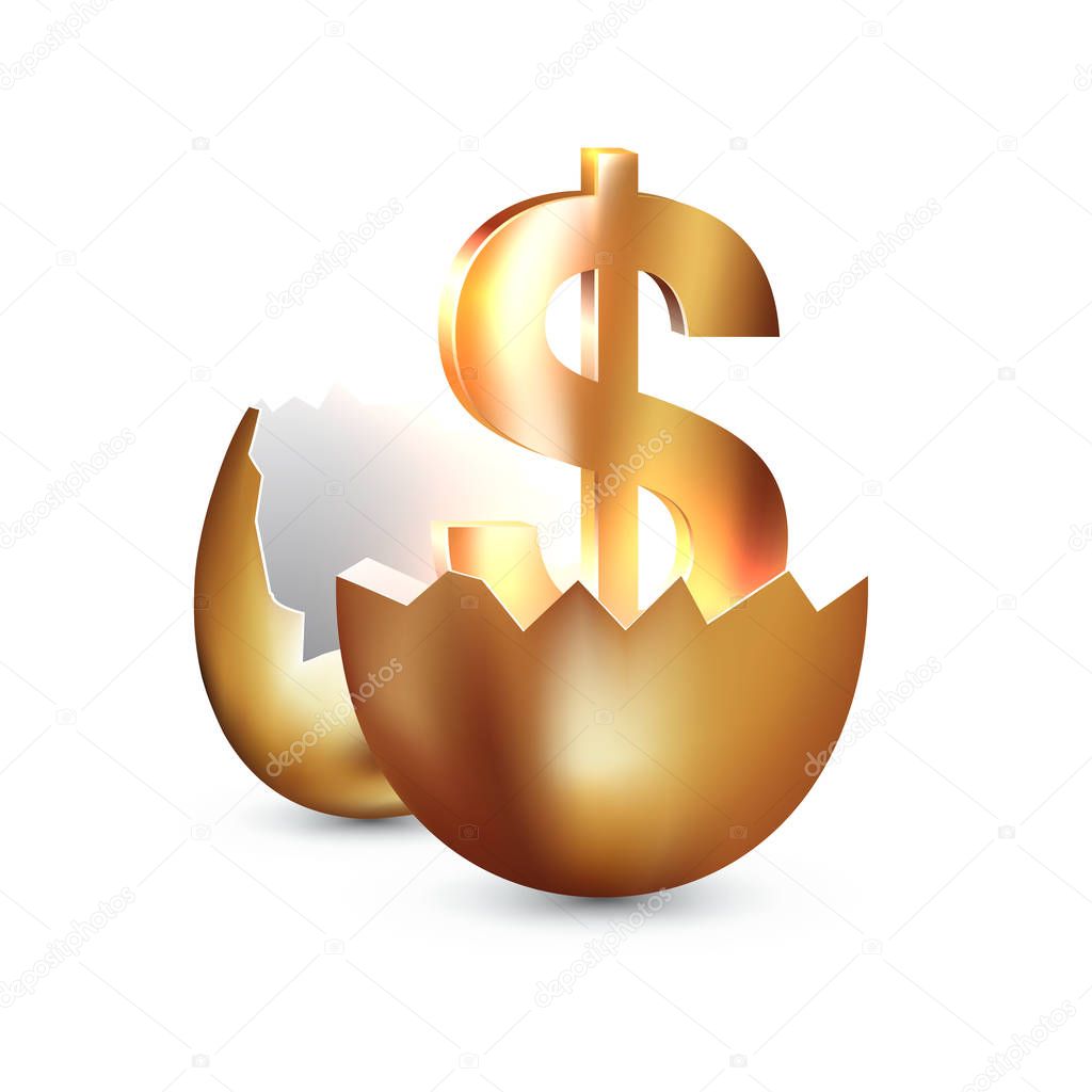 Golden dollar symbol inside a golden broken egg. Concept of financial business success or gaining wealth, profitable investments, venture investments. Vector illustration