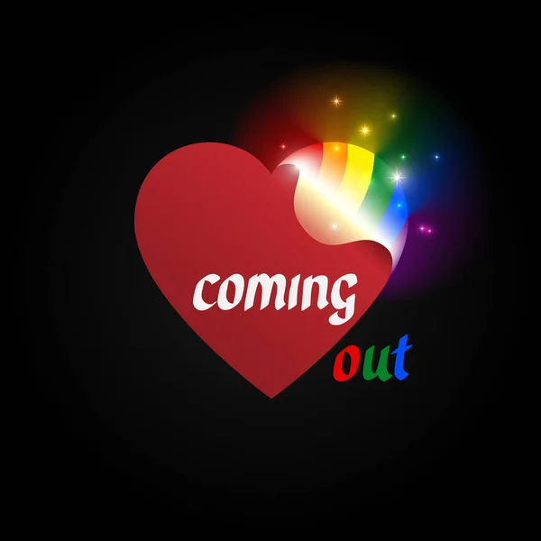 Концепция выхода ЛГБТ - открытие сердца сияет радужными цветами ЛГБТК. Символ трансгендера, лесбиянки, гея, бисексуала. Выходит икона - открытое радужное сердце. Национальный день. Векторная иллюстрация — стоковый вектор