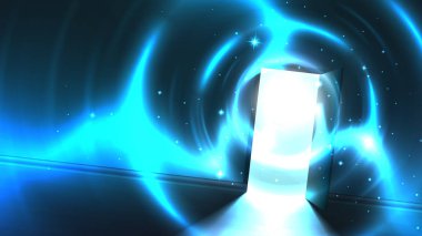 Karanlık odanın açık kapısından aydınlık tünel, soyut mistik paranormal parlayan çıkış. Tünelin sonundaki ışık. Başka bir dünyaya açılan, yabancı evrene. Açık kapı şablonu, bilimkurgu arka plan