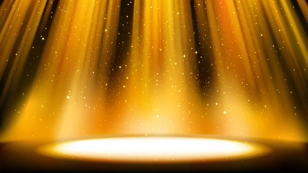 Cena dourada vazia com um fundo escuro, lugar iluminado por holofotes dourados brilhantes, partículas cintilantes brilhantes caindo. Fundo âmbar colorido para design cativante — Vetor de Stock