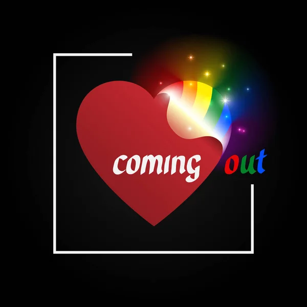 Концепция выхода ЛГБТ - открытие сердца сияет радужными цветами ЛГБТК. Символ трансгендера, лесбиянки, гея, бисексуала. Выходит икона - открытое радужное сердце, футболка векторной конструкции. Национальный день — стоковый вектор