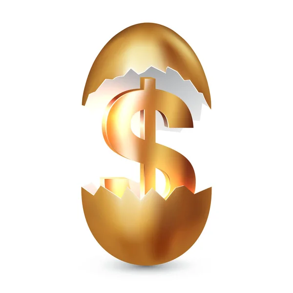 Golden dollar symbol inside a golden broken egg. Concept of financial business success or gaining wealth, profitable investments, venture investments. Vector illustration — Stock Vector