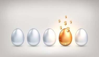Sıradan beyaz yumurtalar arasında altın dolar sembolleri ile benzersiz altın yumurta, finansal ve yatırım başarısı tahmin kavramı, risk sermayesi yatırım seçimi. Vektör çizimi