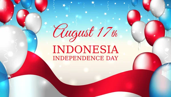 17 de agosto, día de la independencia indonesia, plantilla vectorial con bandera indonesia y globos de colores sobre fondo estrellado brillante azul. Fiesta nacional de la indonesia el 24 de agosto. Tarjeta del día de la independencia — Archivo Imágenes Vectoriales