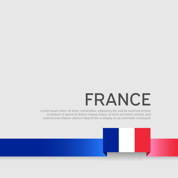 France flag background. Ribbon color flag of france on a white background. National poster. Vector tricolor flat design. State french patriotic banner, cover