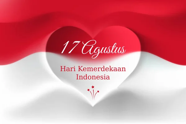 Banner 17 Ağustos bağımsızlık günü endonezya, vektör şablonu kalp şekli ile Endonezya bayrağı. Uçan bayraklı arka plan. Ulusal bayram. Çeviri: 17 Ağustos Endonezya Bağımsızlık Günü — Stok Vektör