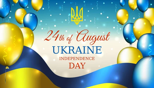 24 Ağustos, Ukrayna bağımsızlık günü, Ukrayna bayrağı ve mavi parlayan yıldızlı arka plan üzerinde renkli balonlar ile vektör şablonu. 24 Ağustos'ta Ukrayna Ulusal tatil. Bağımsızlık günü kartı