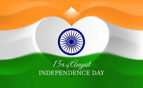 15 de agosto, día de la independencia de la India, plantilla de vector de bandera india en forma de corazón. Fiesta nacional india 15 de agosto. Tarjeta de felicitación del día de la independencia. Fondo con bandera voladora — Archivo Imágenes Vectoriales