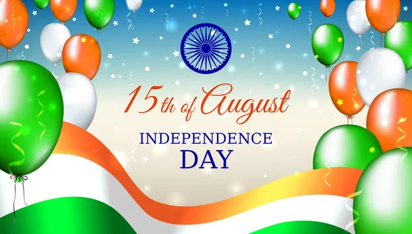 15 de agosto, día de la independencia de la India, plantilla vectorial con bandera india y globos de colores sobre fondo estrellado brillante azul. Fiesta nacional de la India 15 de agosto. Tarjeta del día de la independencia — Archivo Imágenes Vectoriales
