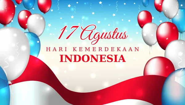17 августа, день независимости Индонезии. Индонезийский флаг и цветные шарики на синем сияющем звездном фоне. Национальный праздник, векторный шаблон. 17 августа День независимости Индонезии — стоковый вектор