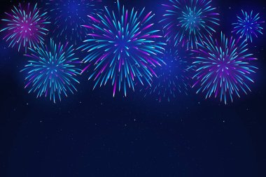 Karanlık bir arka plan üzerinde renkli havai fişek. Gece yıldızlı gökyüzünde parlak havai fişekler. Festival tasarımı için arka plan, parti. Vektör çizimi