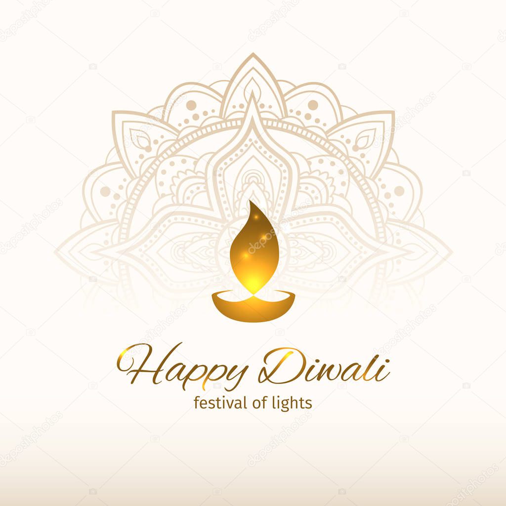 Happy diwali vector illustration. Design template with light festive golden background. Festive diwali card. White background with mandala. Vector holiday illustration