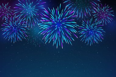 Colorful fireworks on a dark blue background. Beautiful festive sky for bright design. Bright fireworks in the night sky with stars. Vector illustration clipart