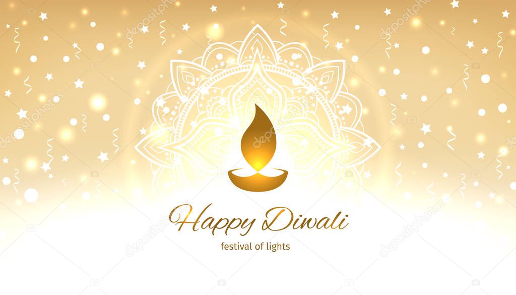 Happy diwali vector illustration. Design template with light festive golden background with mandala. Festive diwali card. Vector holiday illustration. Confetti and bokeh golden background