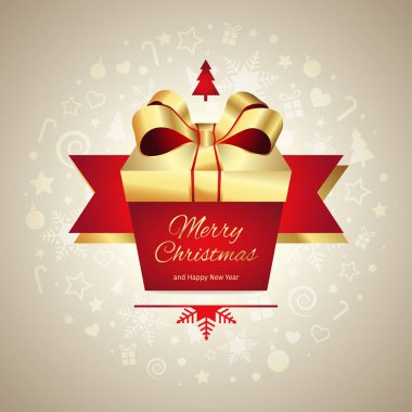 Mutlu Noeller Yeni Yıl tebrik kartı, altın kırmızı kurdele ile hediye kutusu, altın bir arka plan vektör illüstrasyon