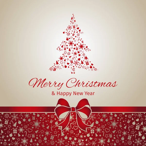 Noel ve Yeni Yıl tebrik kartı, kırmızı kurdele, vektör illüstrasyon