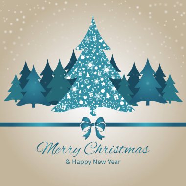 Mutlu noel ve yeni yıl tebrik kartı, Noel ağacı, vektör tatil illüstrasyon