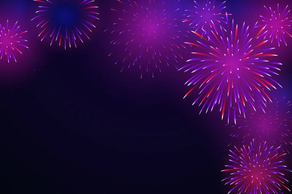 Buntes Feuerwerk am nächtlichen Sternenhimmel. helles Feuerwerk auf dunklem Hintergrund. Hintergrund für Party, festliches Design. Vektorillustration — Stockvektor