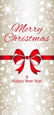 Yeni yıl ve noel tebrik kartı, kırmızı kurdele, holyday posteri. vektör illüstrasyon