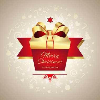 Mutlu noel tebrik kartı, altın kırmızı kurdele ile hediye kutusu, vektör yeni yıl illüstrasyon