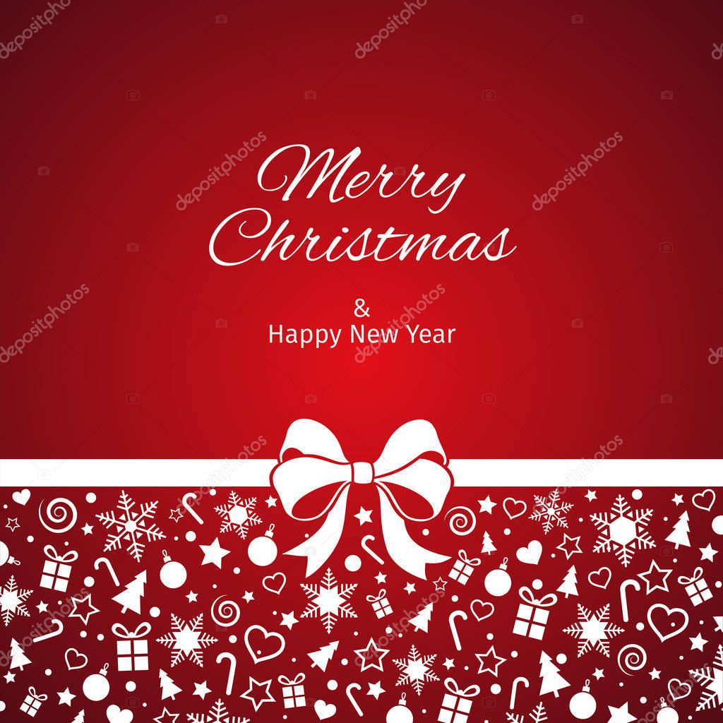 Christmas and new year greeting card, white ribbon, red backgroung. vector illustration