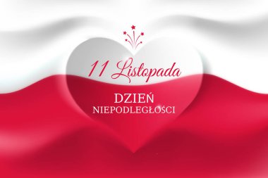 Banner 11 Kasım, Polonya bağımsızlık günü, kalp şekli ile Polonya bayrağı vektör şablonu. Sallanan bir bayrak ile arka plan. Ulusal bayram. Çeviri: 11 Kasım, Polonya Bağımsızlık Günü