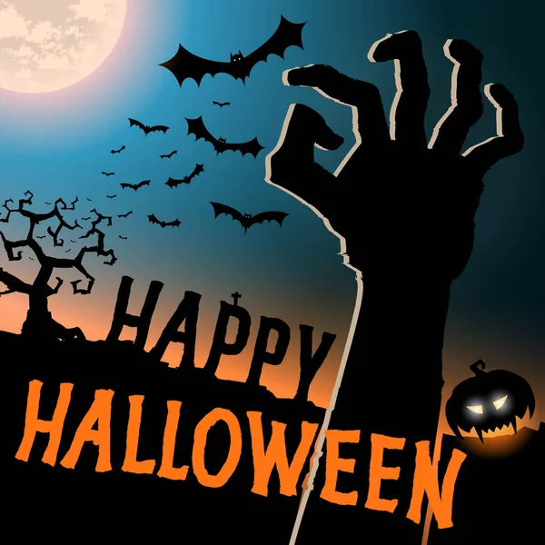 Carte d'Halloween avec zombie main, modèle de fond vectoriel, Bonne fête d'Halloween affiche festive — Image vectorielle
