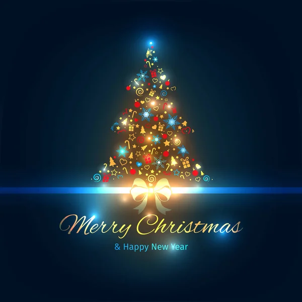 Işıklı Noel ağacı, noel ve yeni yıl tebrik kartı. Vektör illüstrasyonu