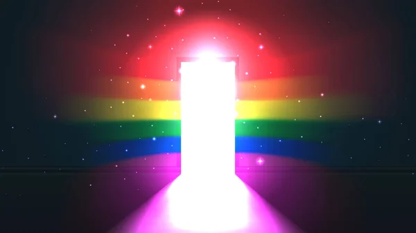 Concetto in uscita LGBT - luce arcobaleno LGBT dalla porta aperta di una stanza buia. Simbolo di lesbica, transgender, gay, bisessuale. Il giorno dell'uscita nazionale. Porte aperte arcobaleno splendore. Illustrazione vettoriale — Vettoriale Stock
