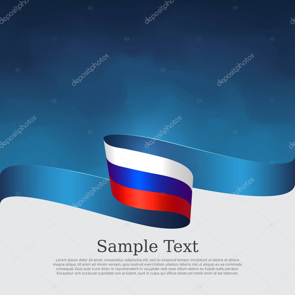 Russia flag background. Wavy ribbon in the color of the russian flag on a blue white background. National poster. Vector tricolor design. State russian patriotic banner, cover, flyer