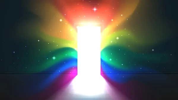 Concepto que sale LGBT: olas LGBT de arco iris desde la puerta abierta del cuarto oscuro. Símbolo de transgénero, lesbiana, bisexual, gay. Saliendo el día. Puerta abierta arco iris brillo. Ilustración vectorial — Vector de stock