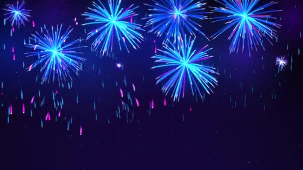夜空に星と明るい花火 青い背景にカラフルな花火 明るいデザインのための美しいお祝いの空 アニメーションの背景 シームレスなループ — ストック動画