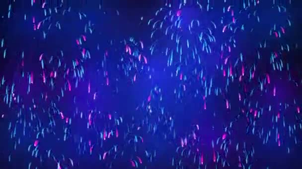 Feux d'artifice colorés dans le ciel nocturne avec des étoiles. Feu d'artifice lumineux sur un fond bleu foncé. Beau ciel de fête pour un design lumineux. Fond animé, boucle transparente 