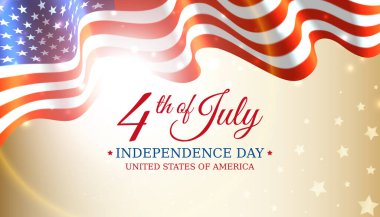 4 Temmuz Bağımsızlık Günü 'nün posteri, altın yıldızlı arka planda parlayan güneş ve Amerikan bayrağı taşıyıcı şablonu. 4 Temmuz, ABD ulusal bayramı. Vektör illüstrasyonu, afiş