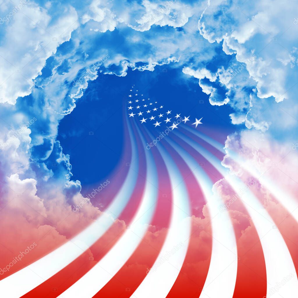 Abstract United States flag on a cloudy sky background. Design for US holidays - Memorial Day, Veterans, Independence. Memorial day for dead soldiers serving in the US armed forces