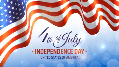 4 Temmuz Bağımsızlık Günü 'nün bayrağı. Üzerinde mavi Bokeh gökyüzü arka planında Amerikan bayrağı var. 4 Temmuz, ABD ulusal bayramı. Vektör illüstrasyonu, poster