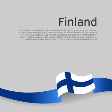 Finlandiya 'nın geçmişi. Finlandiya beyaz arka planda dalgalı kurdele bayrağı taşıyor. Ulusal poster tasarımı. Eyalet vatansever afişi, el ilanı. İş kitapçığı. Vektör illüstrasyonu