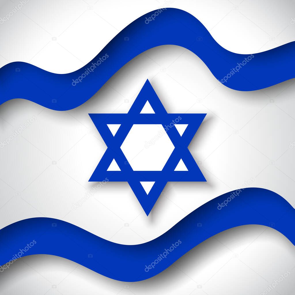 Israel flag background. Business booklet. Colored wavy ribbons colors flag of Israel. National Poster. State Israeli patriotic flyer, banner. Paper cut style. Vector design