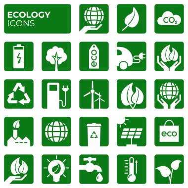 Ecology icons set. Environment protection. Alternative renewable energy. Global warming. Decarbonation. Eco friendly block flat sign collection. Vector symbols, icon clipart