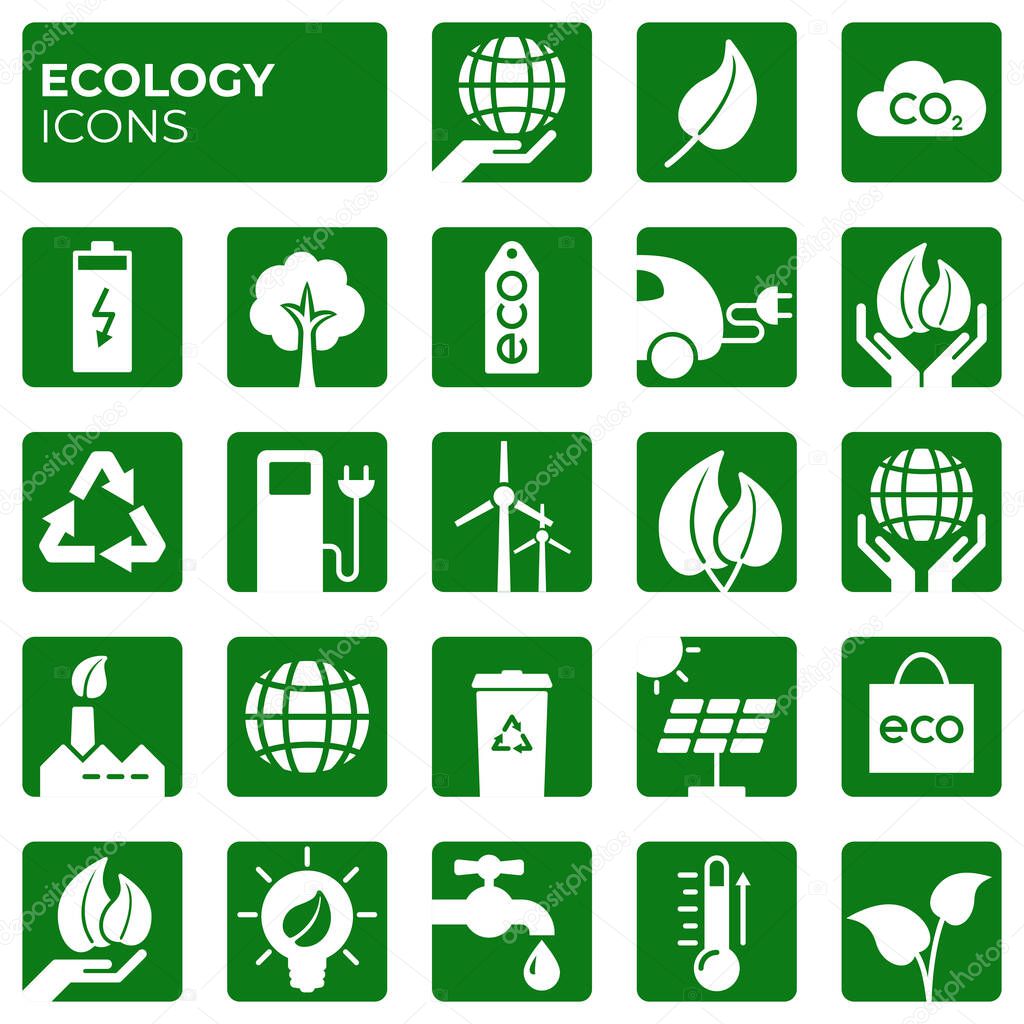 Ecology icons set. Environment protection. Alternative renewable energy. Global warming. Decarbonation. Eco friendly block flat sign collection. Vector symbols, icon