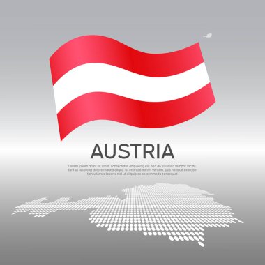 Avusturya dalgalı bayrağı ve ışık arkaplanda mozaik haritası. Ulusal Avusturyalı posteri için yaratıcı bir geçmiş. Vektör tasarımı. İş kitapçığı. Avusturya devletinin vatansever bayrağı, broşürü