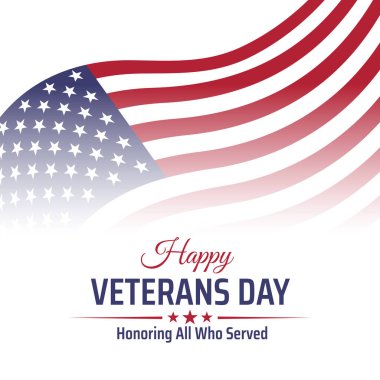 Gaziler Günü afişi, tebrik kartı. Beyaz arka planda Amerikan bayrağı sallıyor. ABD gazilerinin ulusal bayramı 11 Kasım 'da. Poster, tipografi tasarımı, vektör illüstrasyonu