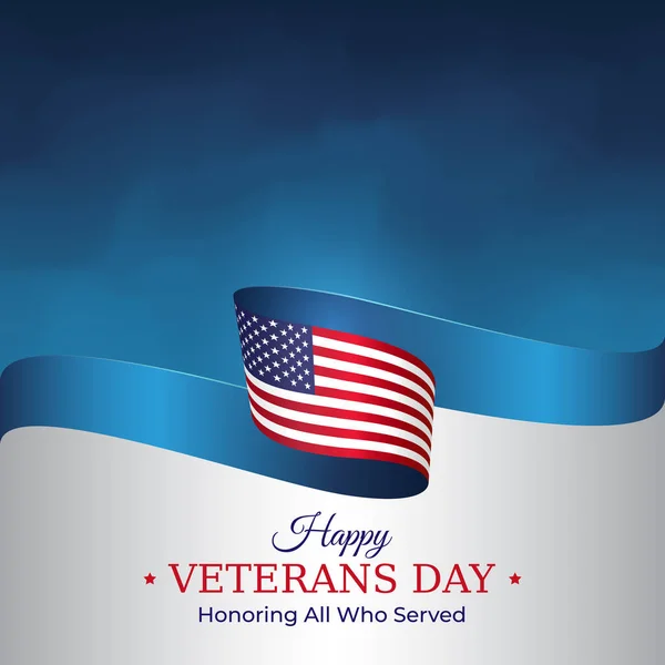 幸せな退役軍人の日のバナー 青い空を背景にアメリカ国旗を振る アメリカ国民の日11月11日 ポスター タイポグラフィデザイン ベクターイラスト — ストックベクタ